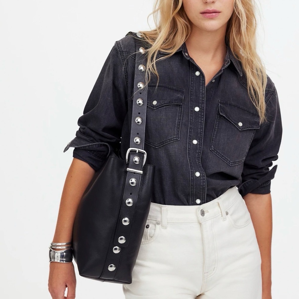 Madewell The Essential Medium Bucket Tote in Black and Silver Studs